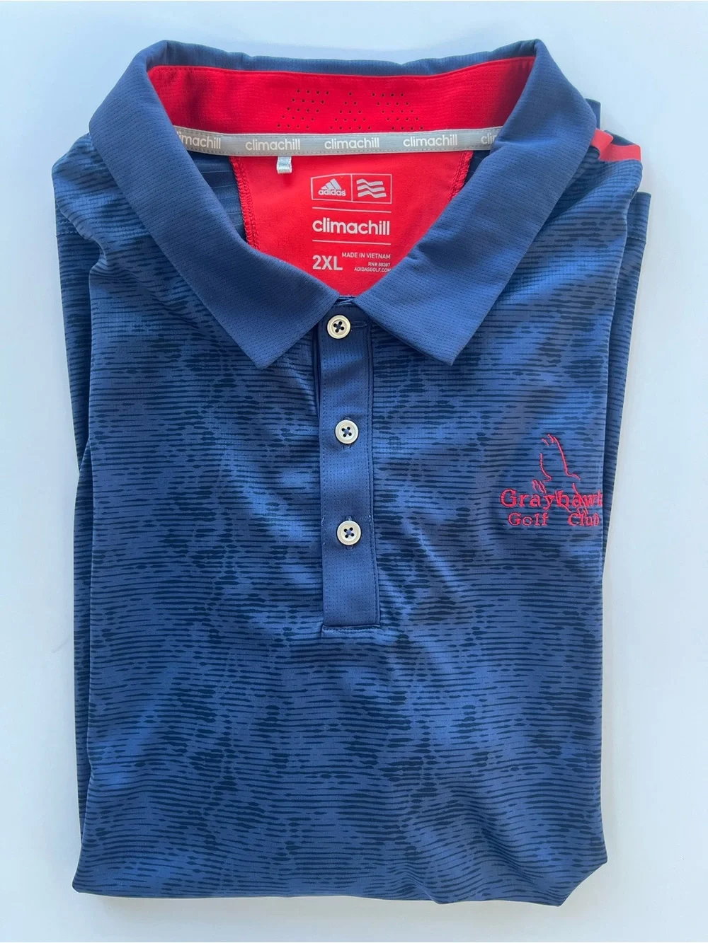 Adidas climacool men’s 2XL blue golf polo; Gray Hawk Golf Club logo; lightweight